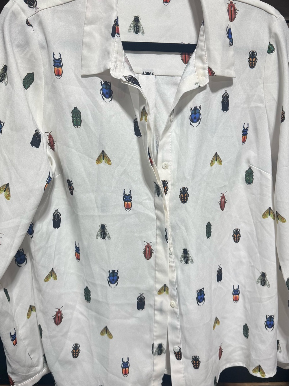 Forever 21 White Button-Down Shirt with Multicolor Bug Print Large